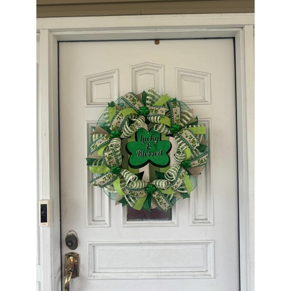 Lucky & Blessed Shamrock Saint Patrick’s Day Mesh Ribbon Wreath Door Hanger - Picture 8 of 8